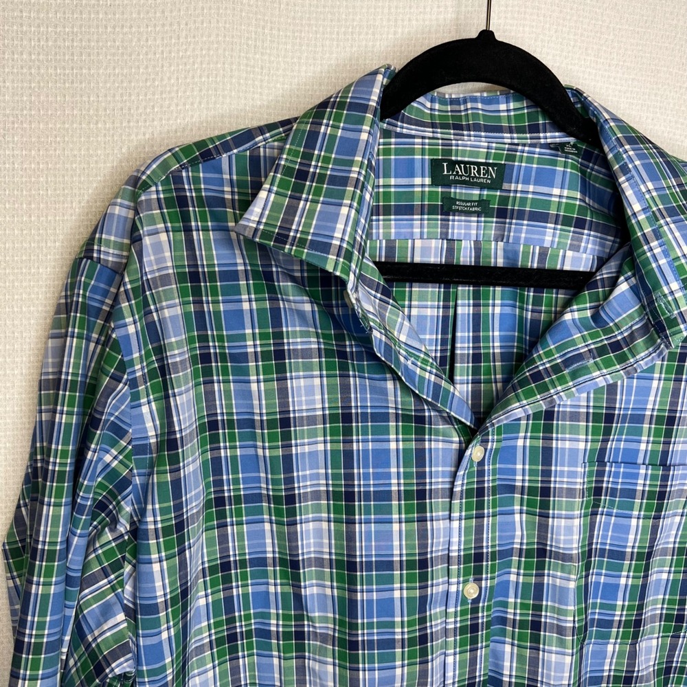 Lauren Ralph Lauren Mens XL Blue Green Plaid Regular Stretch Button Down Shirt